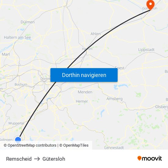 Remscheid to Gütersloh map