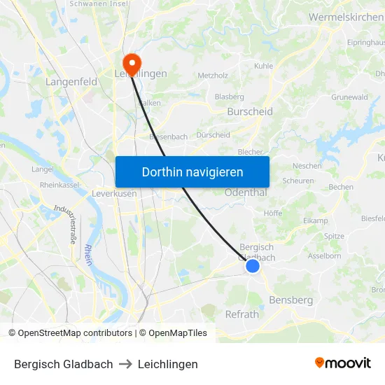 Bergisch Gladbach to Leichlingen map