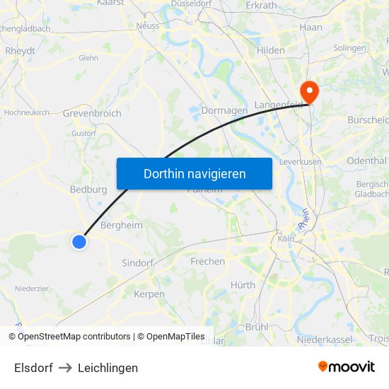 Elsdorf to Leichlingen map
