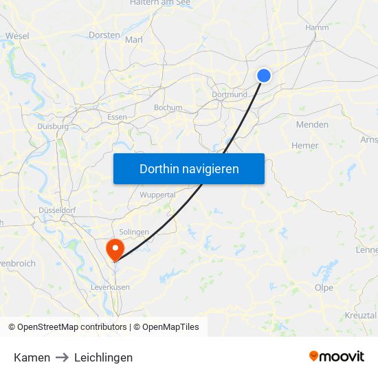 Kamen to Leichlingen map