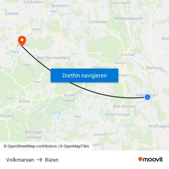Volkmarsen to Büren map