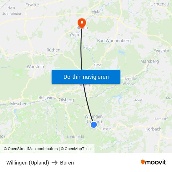 Willingen (Upland) to Büren map