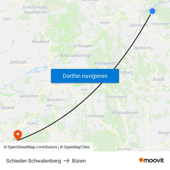 Schieder-Schwalenberg to Büren map