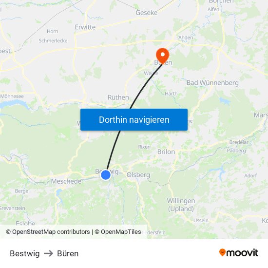 Bestwig to Büren map