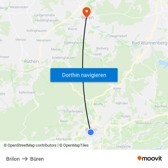 Brilon to Büren map