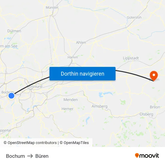 Bochum to Büren map