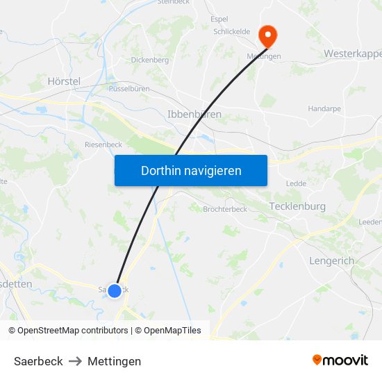 Saerbeck to Mettingen map