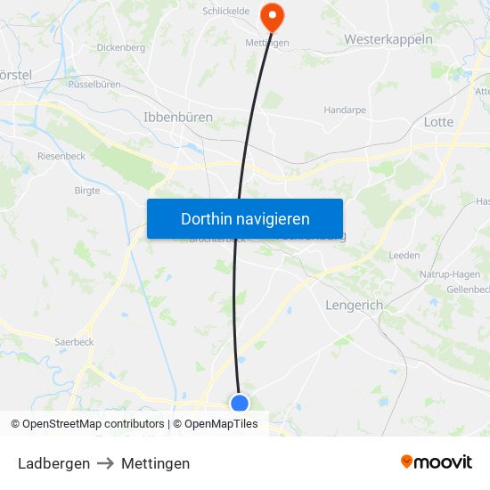 Ladbergen to Mettingen map