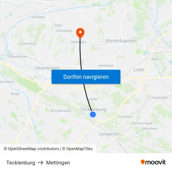 Tecklenburg to Mettingen map