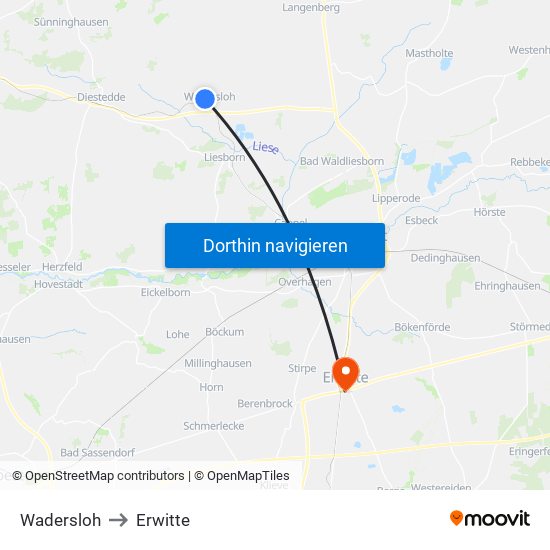 Wadersloh to Erwitte map