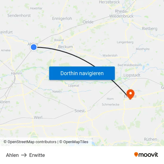 Ahlen to Erwitte map