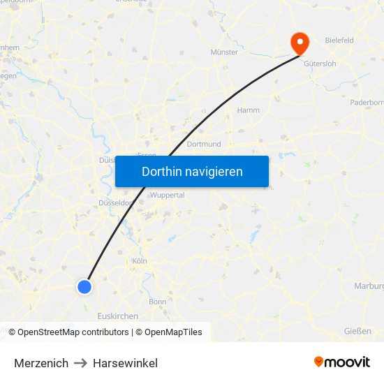 Merzenich to Harsewinkel map