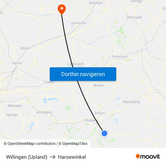 Willingen (Upland) to Harsewinkel map