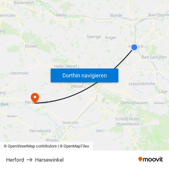 Herford to Harsewinkel map
