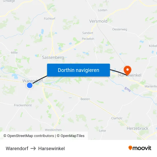 Warendorf to Harsewinkel map