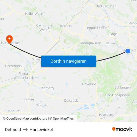 Detmold to Harsewinkel map