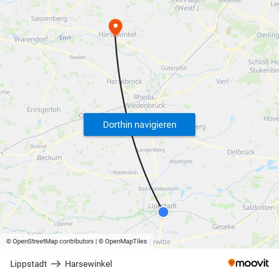 Lippstadt to Harsewinkel map