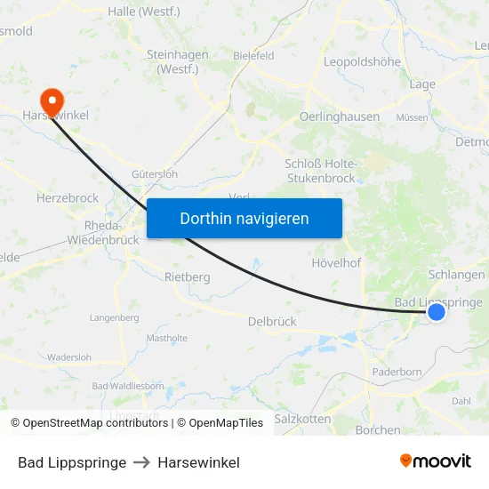 Bad Lippspringe to Harsewinkel map