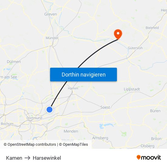 Kamen to Harsewinkel map