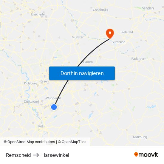 Remscheid to Harsewinkel map