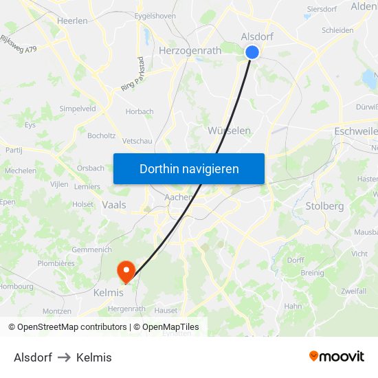 Alsdorf to Kelmis map