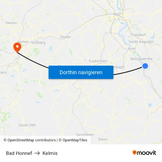 Bad Honnef to Kelmis map