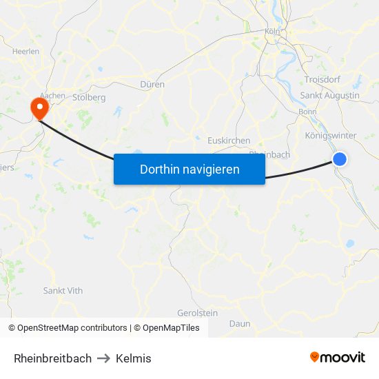 Rheinbreitbach to Kelmis map