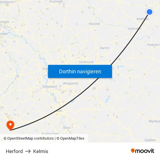 Herford to Kelmis map