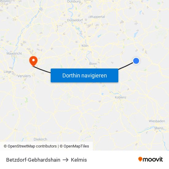 Betzdorf-Gebhardshain to Kelmis map