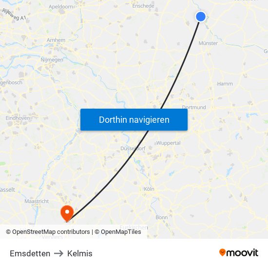 Emsdetten to Kelmis map