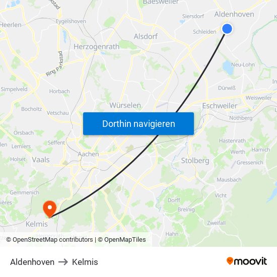 Aldenhoven to Kelmis map