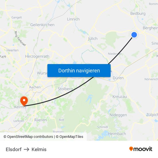 Elsdorf to Kelmis map