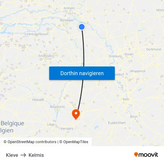 Kleve to Kelmis map