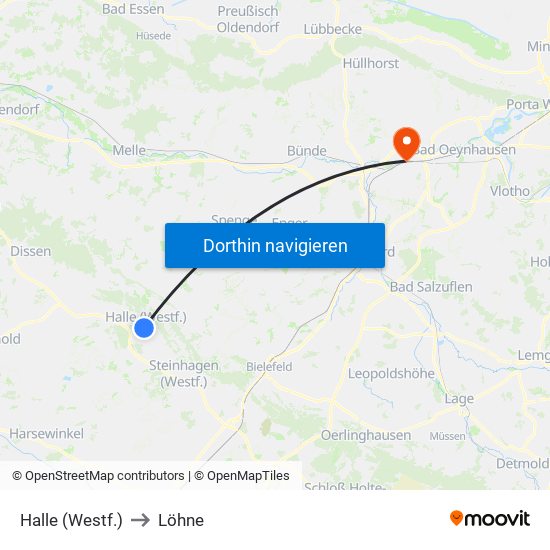 Halle (Westf.) to Löhne map