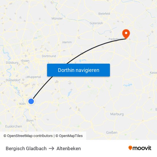 Bergisch Gladbach to Altenbeken map