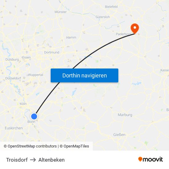 Troisdorf to Altenbeken map