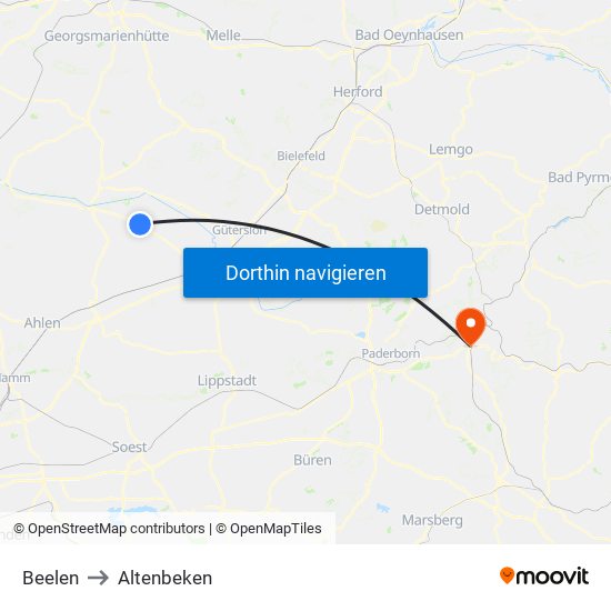Beelen to Altenbeken map