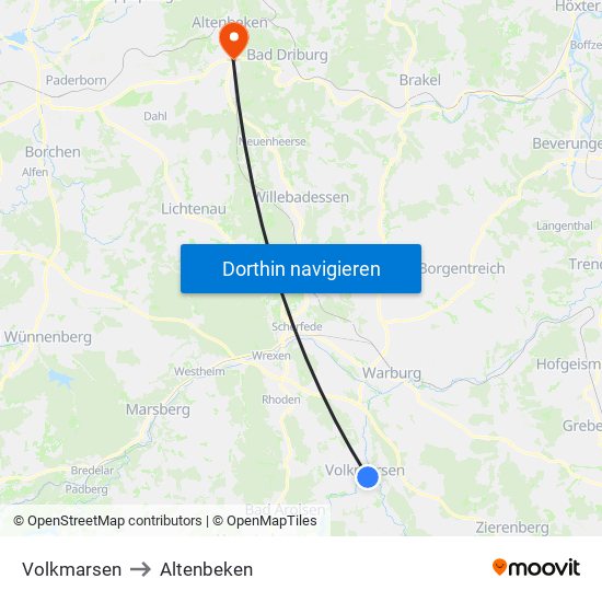 Volkmarsen to Altenbeken map