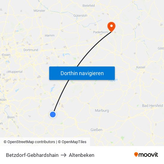 Betzdorf-Gebhardshain to Altenbeken map