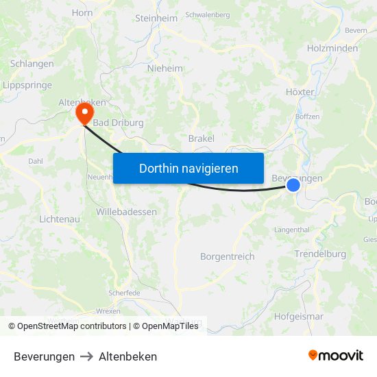 Beverungen to Altenbeken map