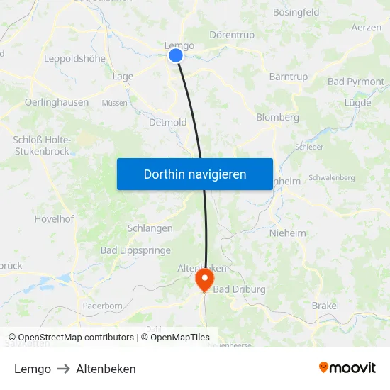 Lemgo to Altenbeken map