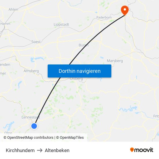 Kirchhundem to Altenbeken map