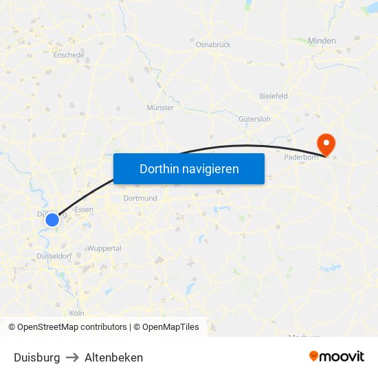 Duisburg to Altenbeken map