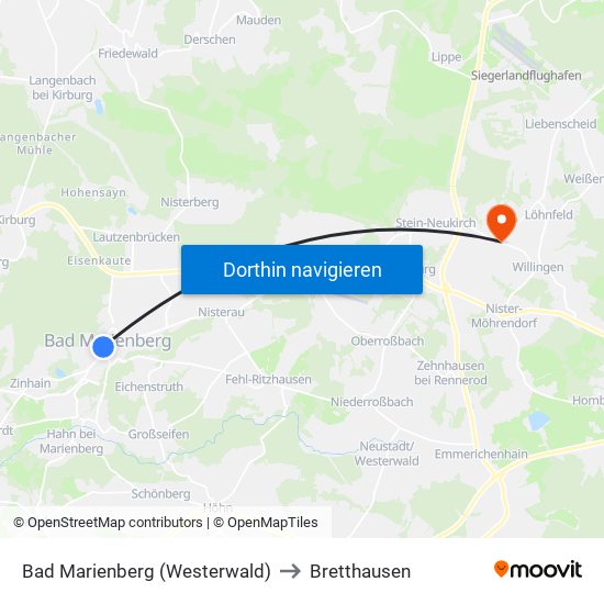 Bad Marienberg (Westerwald) to Bretthausen map