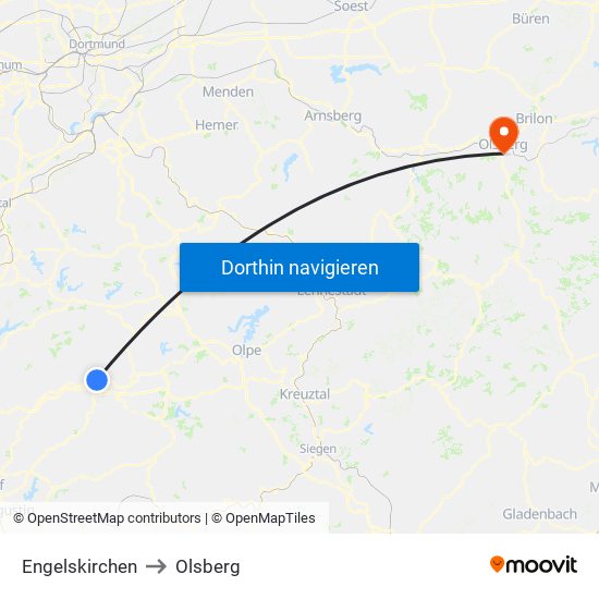Engelskirchen to Olsberg map