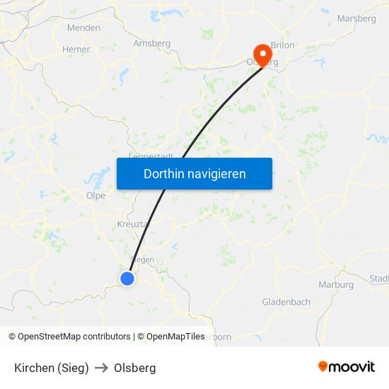 Kirchen (Sieg) to Olsberg map