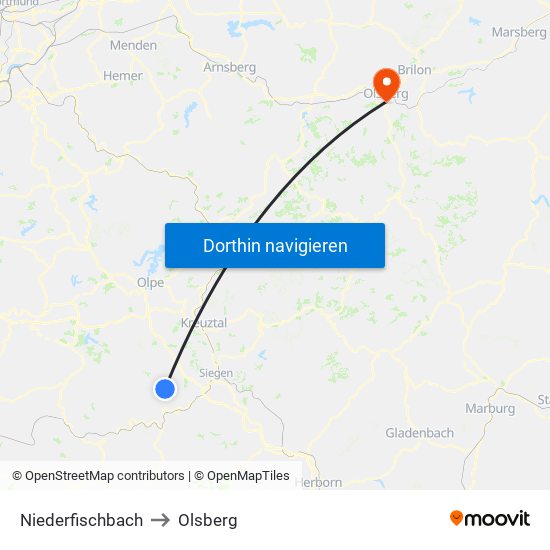 Niederfischbach to Olsberg map