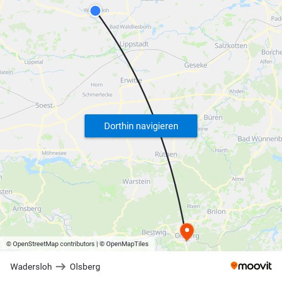 Wadersloh to Olsberg map