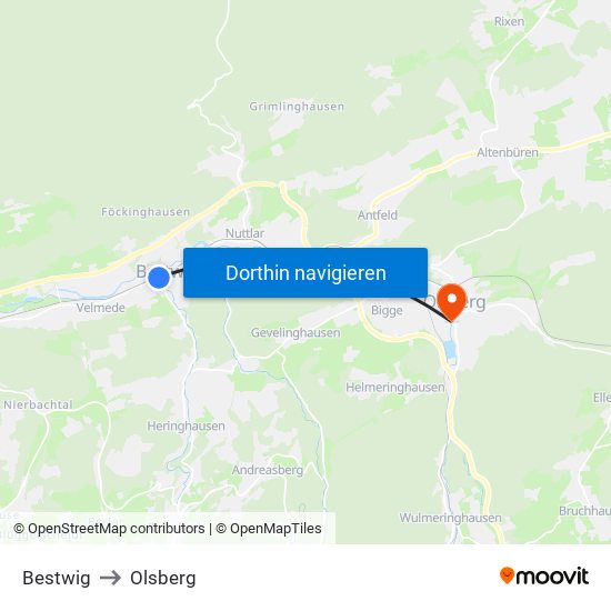 Bestwig to Olsberg map