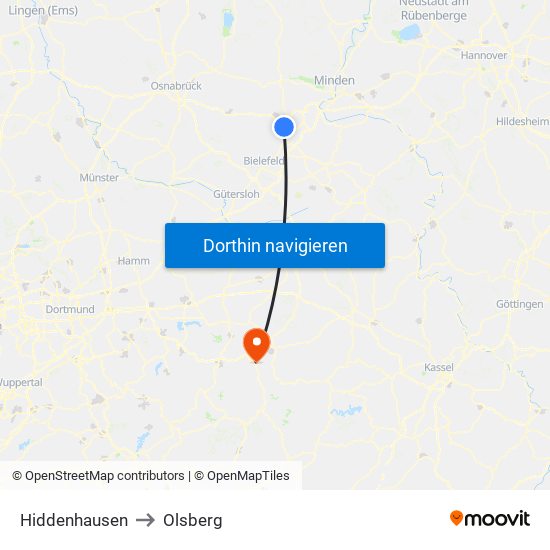 Hiddenhausen to Olsberg map